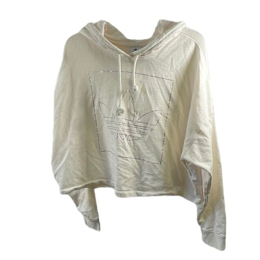 Adidas Off White Rhinestone Logo Cropped Hoodie Size M